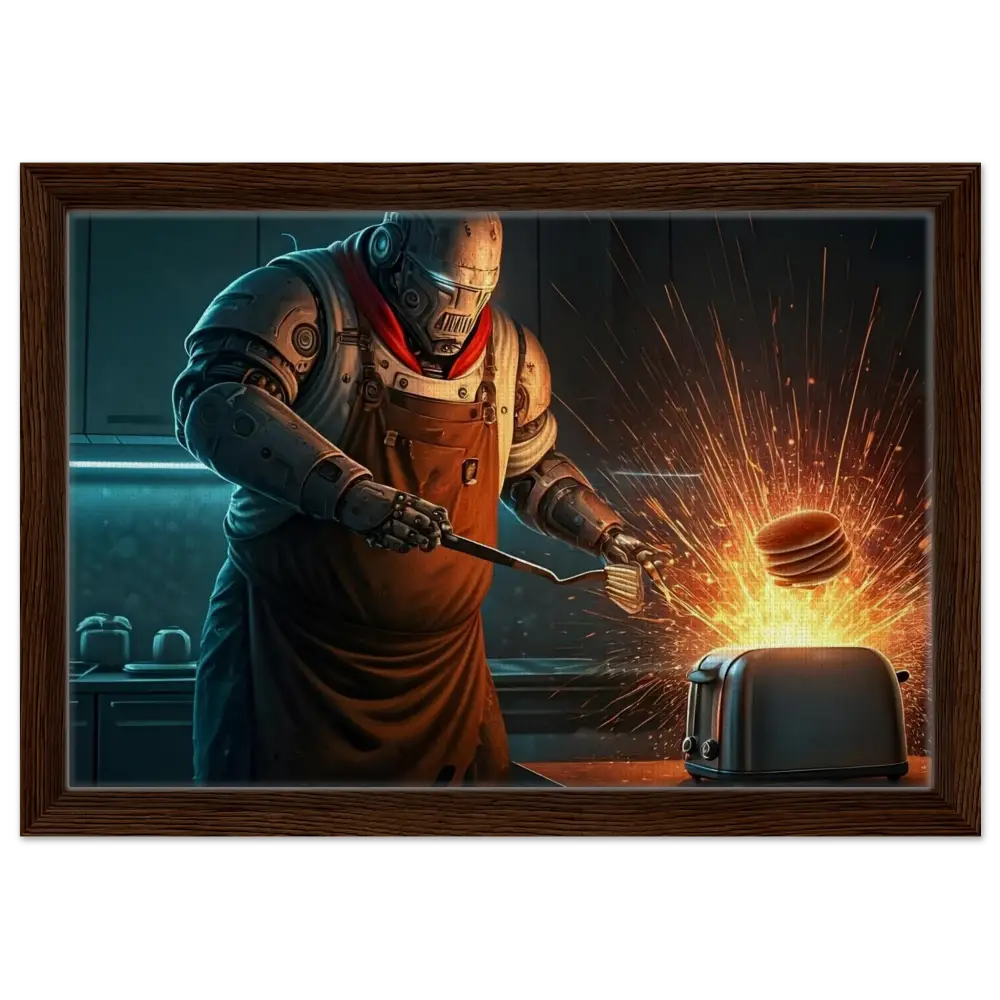 Framed robot chef flipping pancakes in PixiOnyx Cyber-Chef Pancake Protocol product