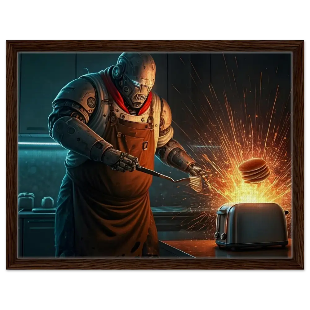 Framed robot chef flipping pancakes over toaster in PixiOnyx Cyber-Chef Showcase artwork