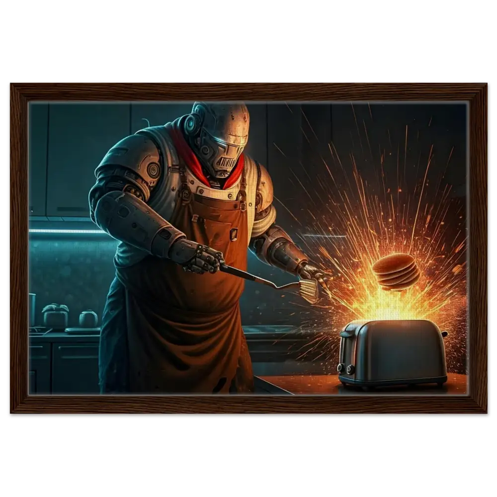 Framed robot chef flipping pancakes from Pancake Protocol Breakfast Uprising Canvas