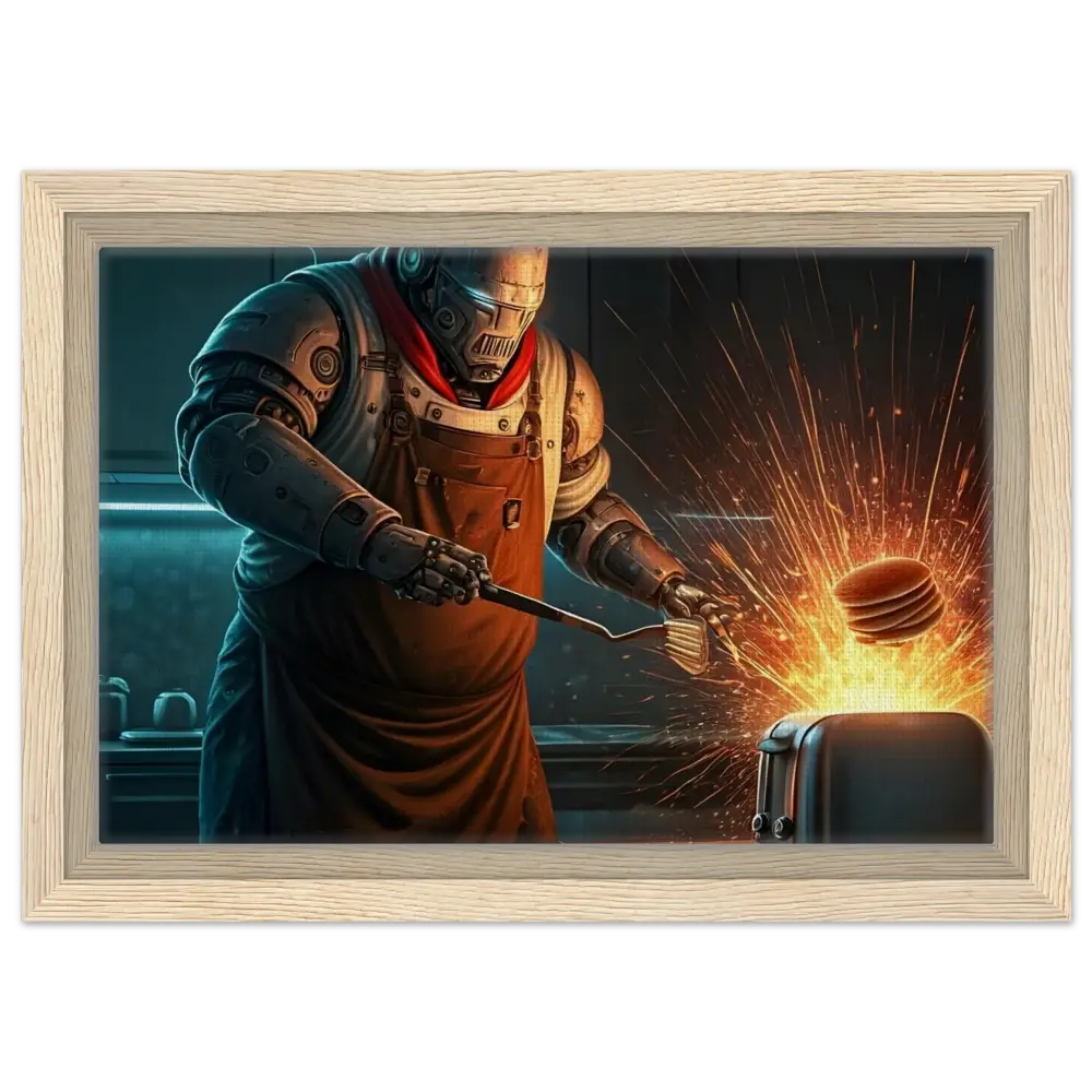 Framed robot chef flipping pancakes for Pancake Protocol Breakfast Uprising on PixiOnyx Cyber-Chef Showcase