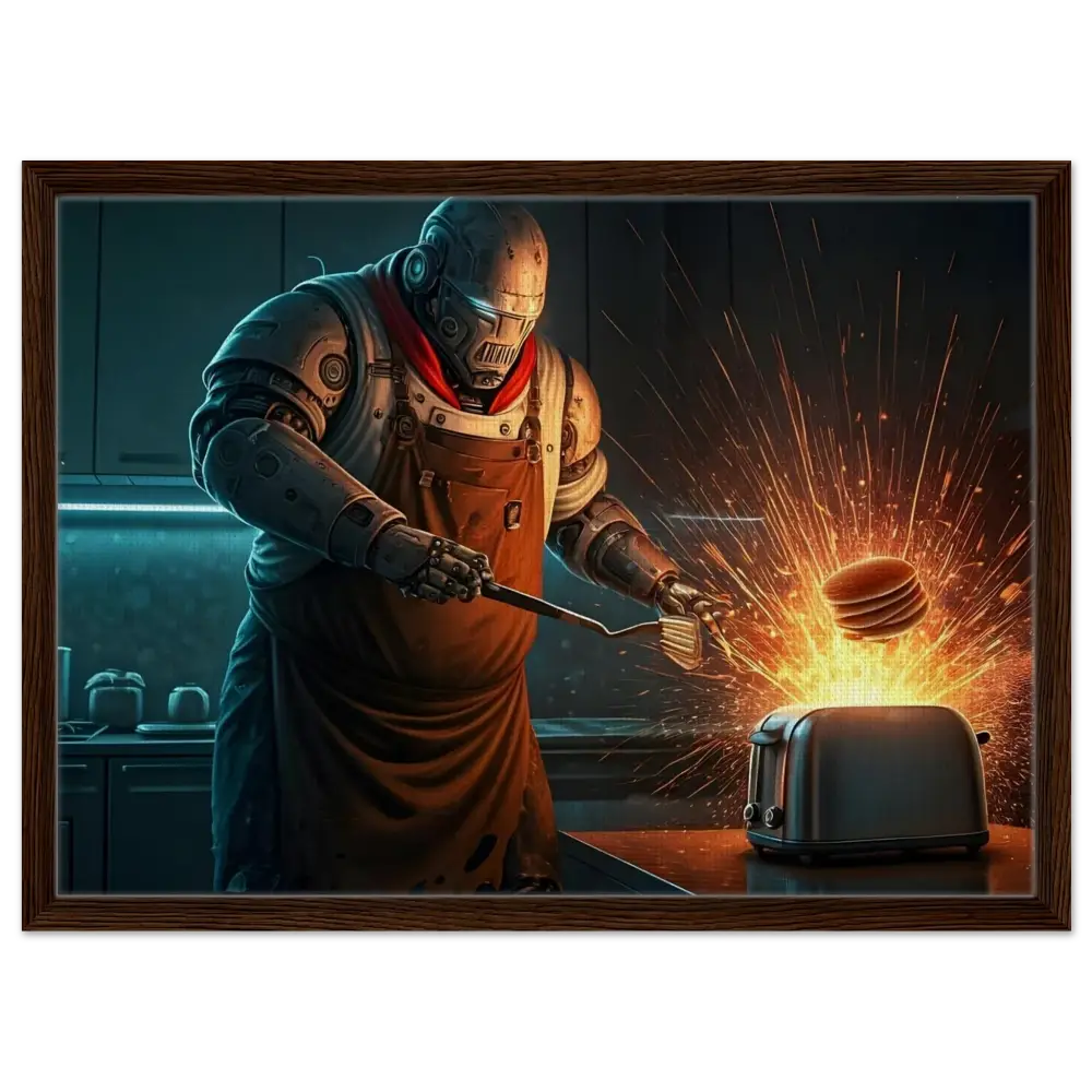 Framed robot chef flipping pancakes in PixiOnyx Cyber-Chef showcase product image