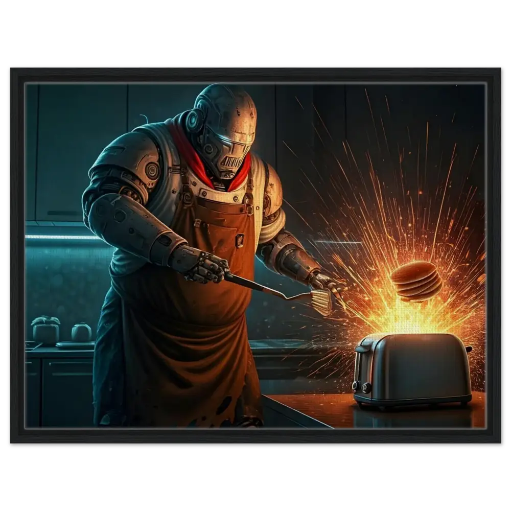 Robot chef flipping pancakes displayed on Pancake Protocol Breakfast Uprising framed canvas
