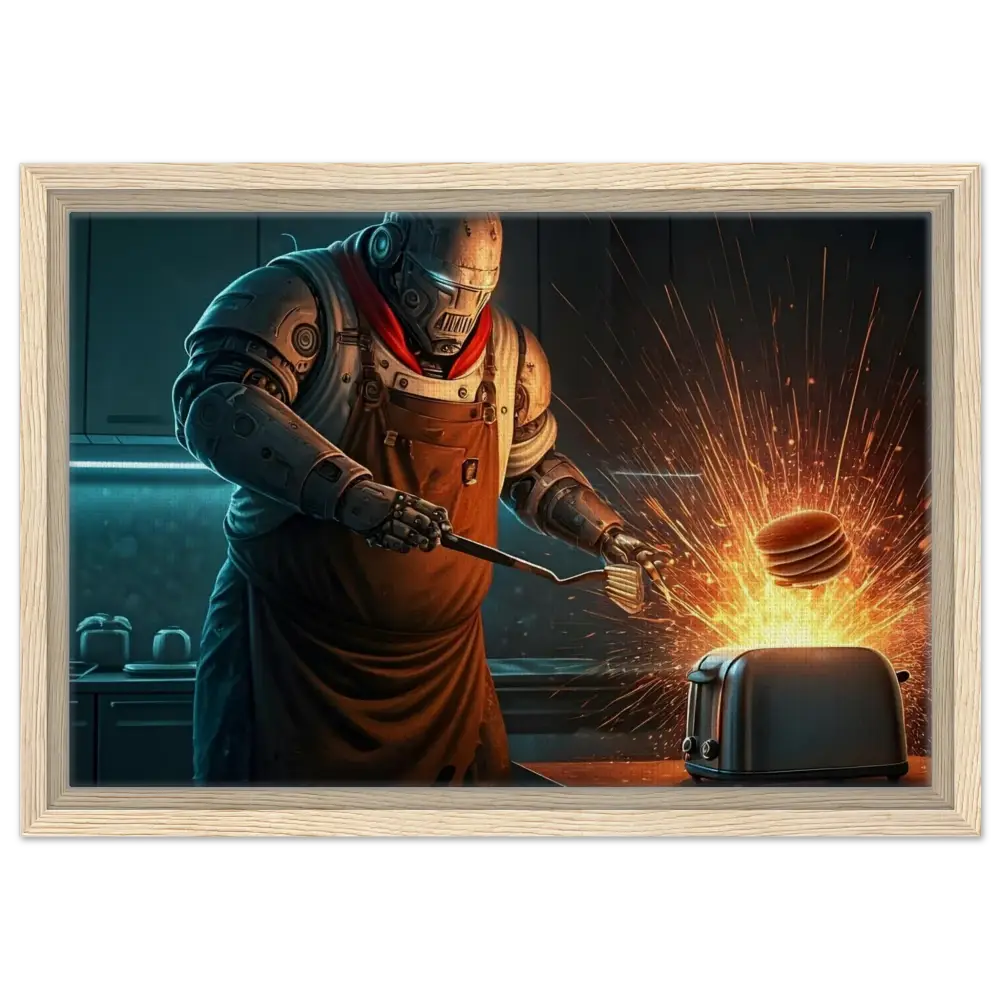 Framed robot chef flipping pancakes in PixiOnyx Cyber-Chef Showcase artwork