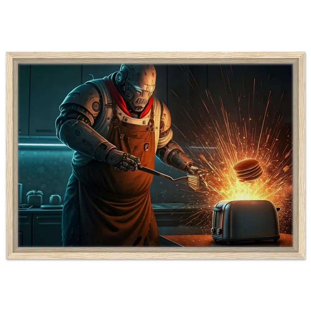 Robot chef with exploding toaster in Pancake Protocol Breakfast Uprising framed canvas