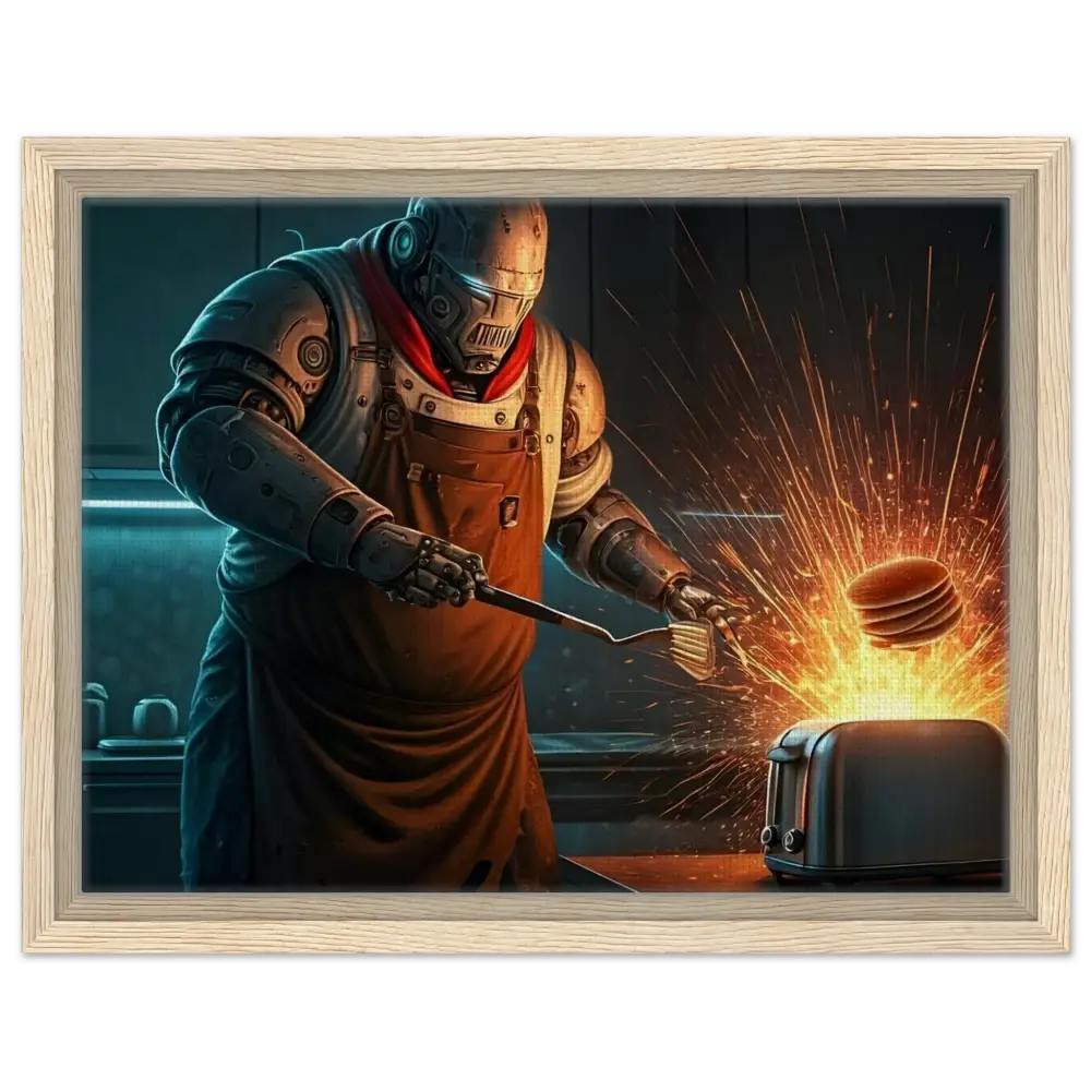 Framed robot chef flipping pancakes in PixiOnyx Cyber-Chef Showcase Pancake Protocol artwork