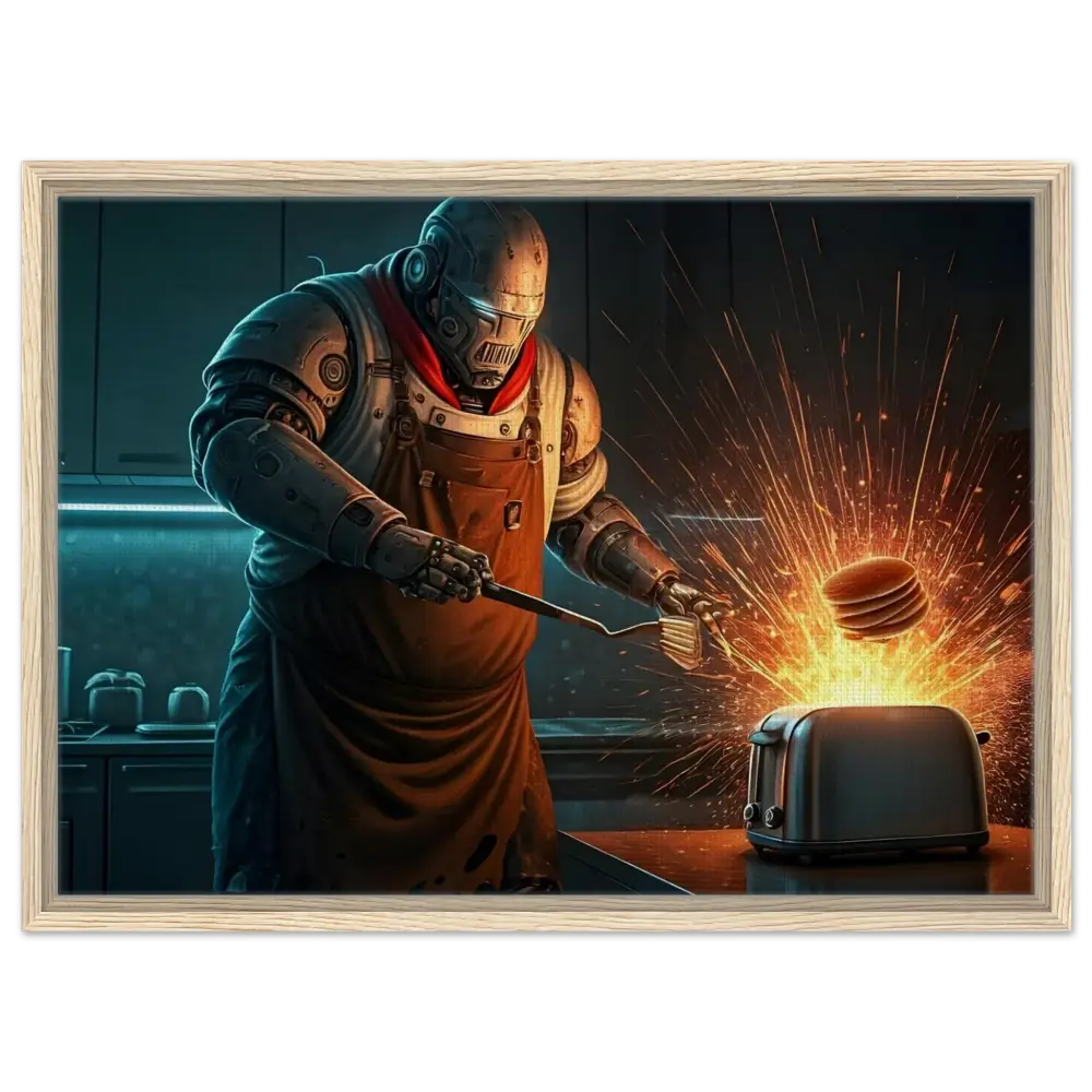 Framed robot chef flipping toast in Pancake Protocol Breakfast Uprising canvas display