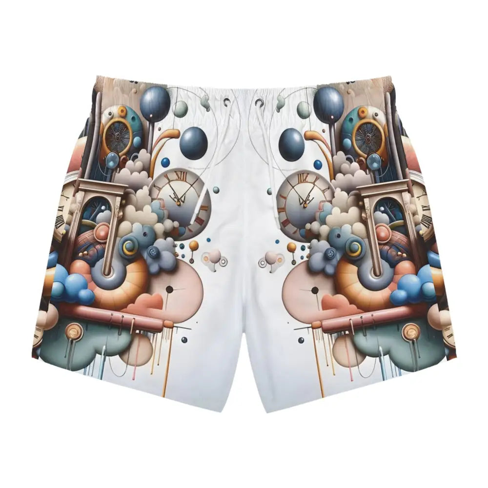 Cartoonish clock-themed swim trunks from PixiOnyx Beachwear’s Pastel Mechanica collection