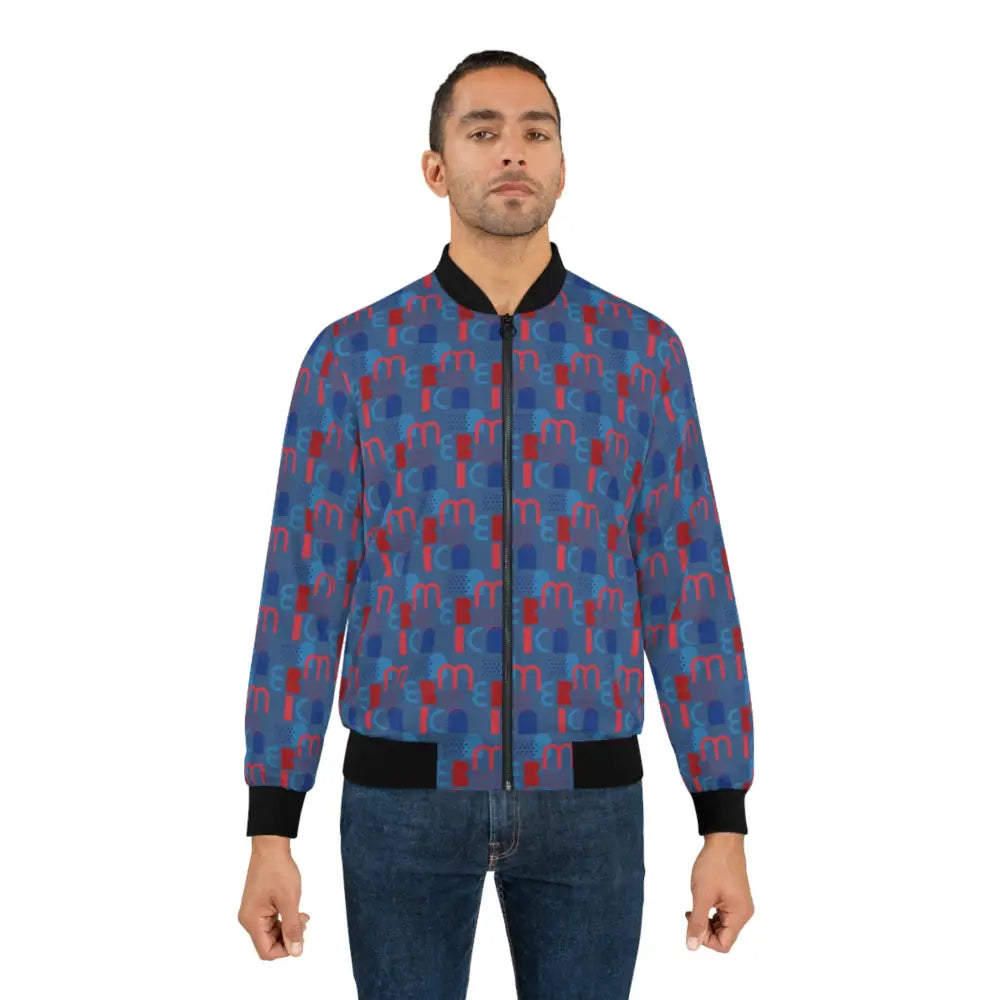 Man wearing Patriot Pattern Navy Bomber Jacket with abstract Americana design
