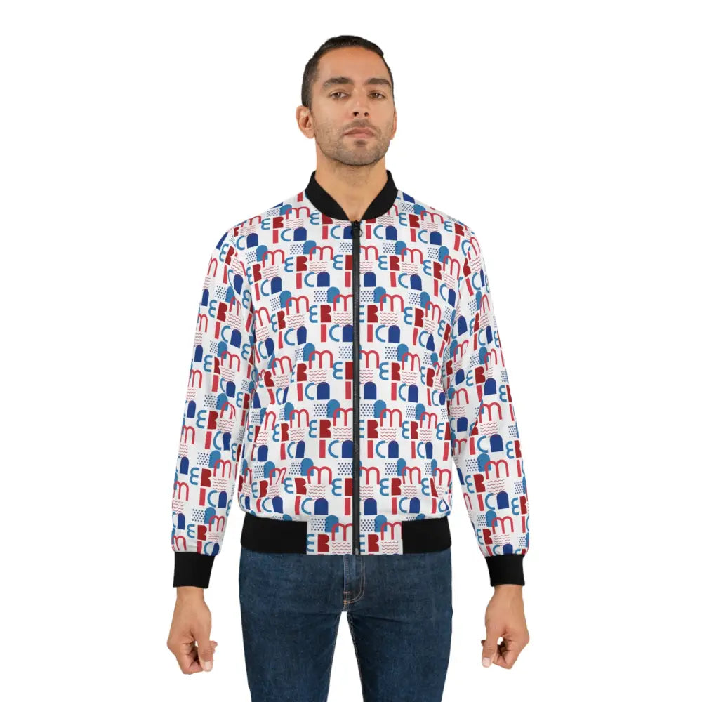 Man in Patriot Pattern Men’s Bomber Jacket featuring white Americana design