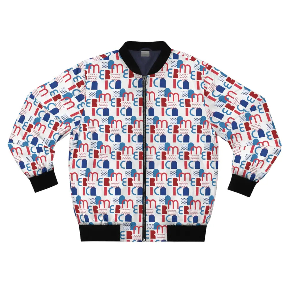 Patterned bomber jacket with patriotic Americana design in white for men’s outerwear