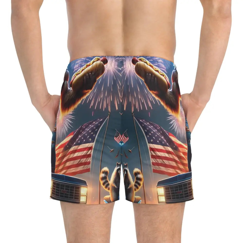 Patriotic Raccoon Mayhem men’s swim trunks with novelty patriotic raccoon design