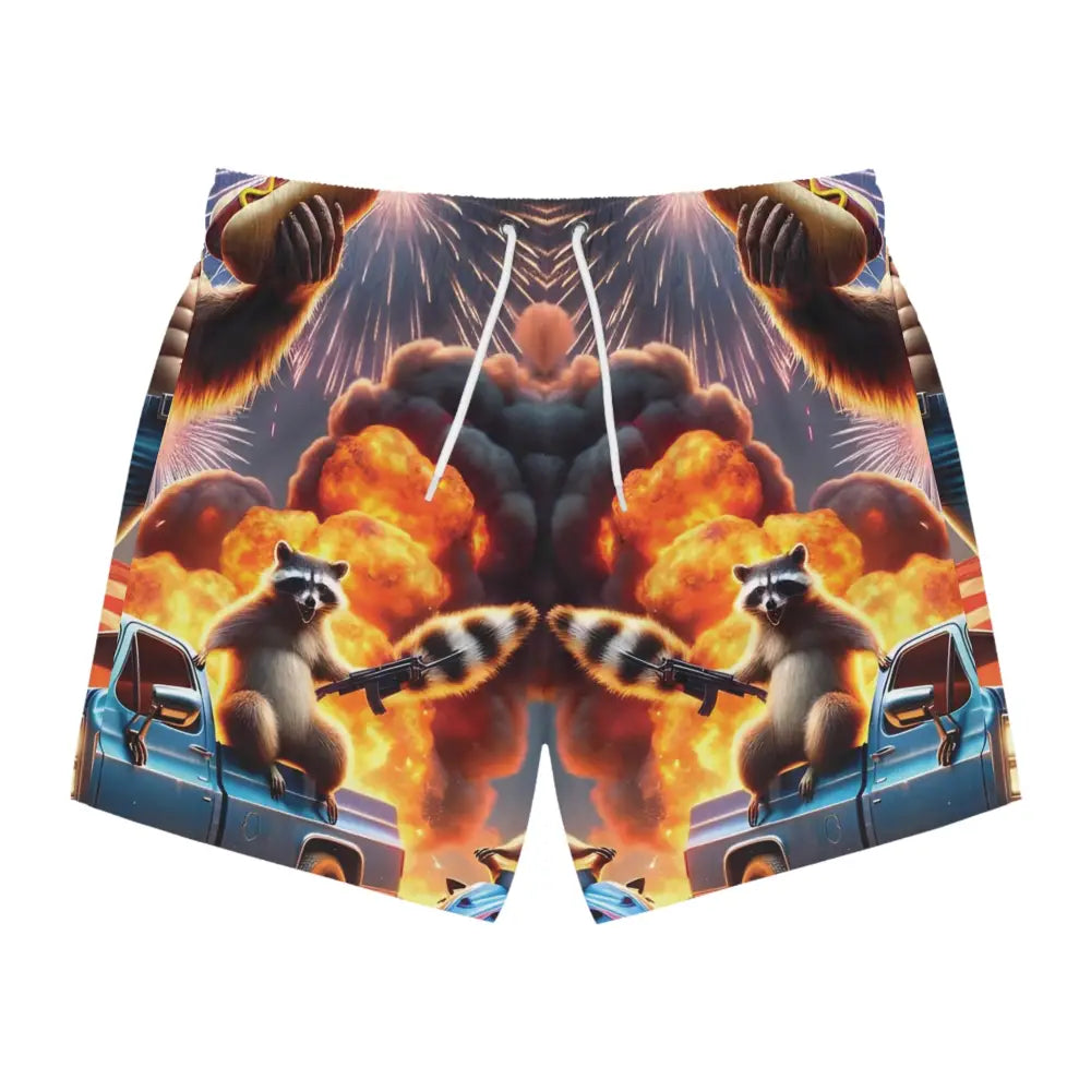 Patriotic Raccoon Mayhem men’s swim trunks featuring novelty patriotic raccoon design