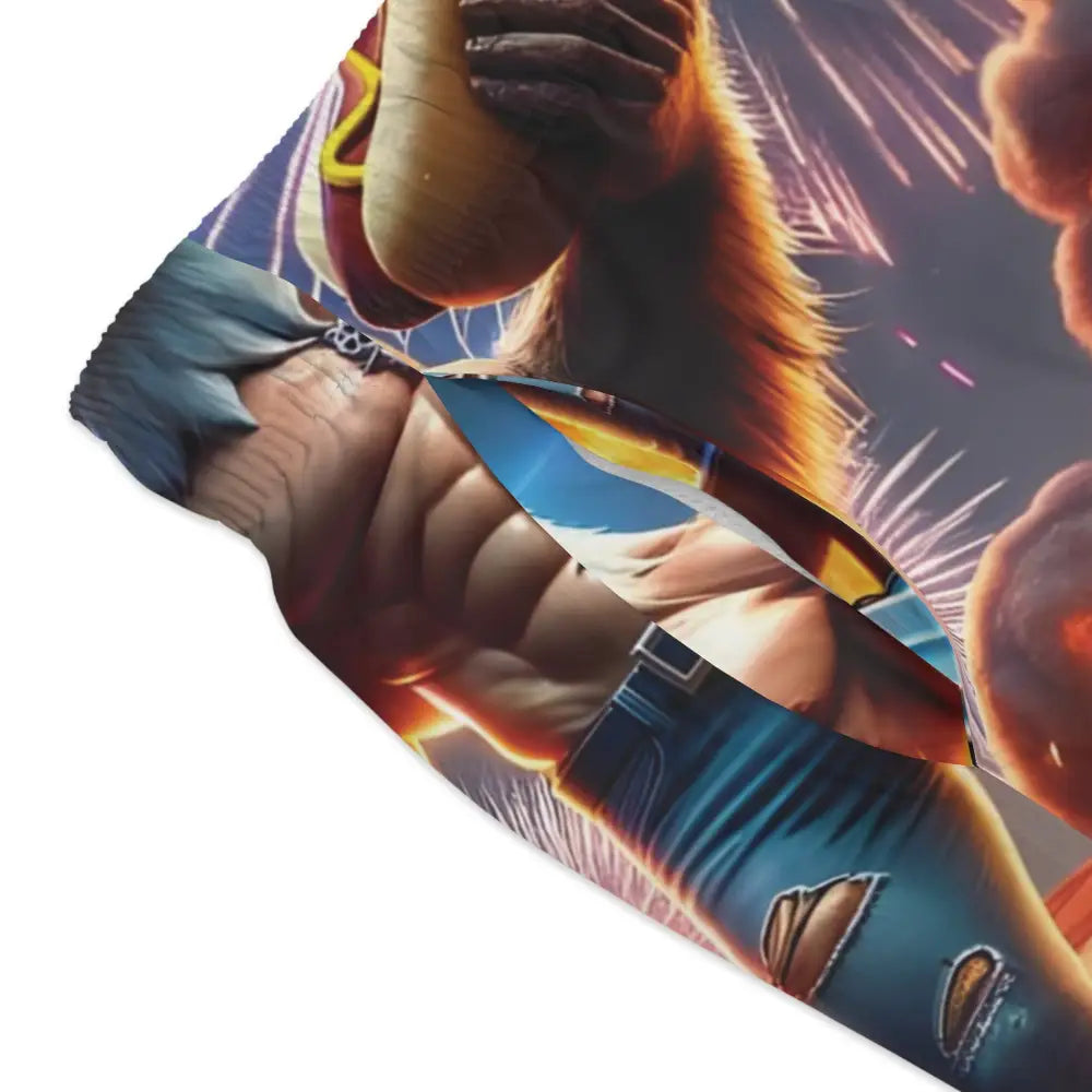Monkey-themed apparel displayed on Patriotic Raccoon Mayhem men’s swim trunks by PixiOnyx