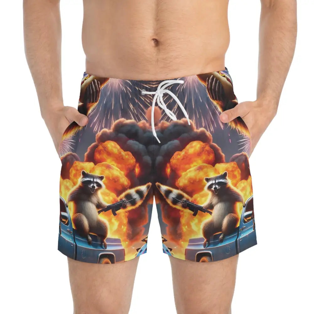 Men’s swim trunks featuring raccoon and explosion design for a bold summer look