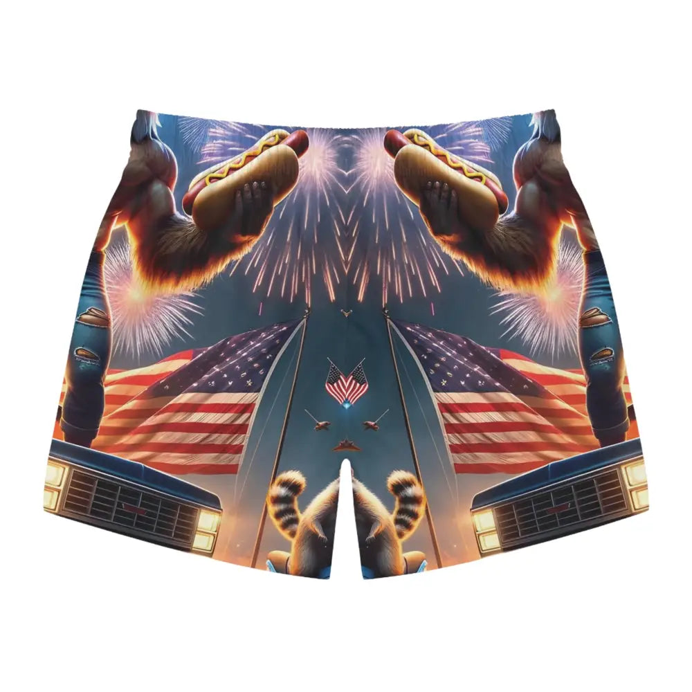 Patriotic raccoon novelty shorts showcased in men’s summer swim trunks from PixiOnyx