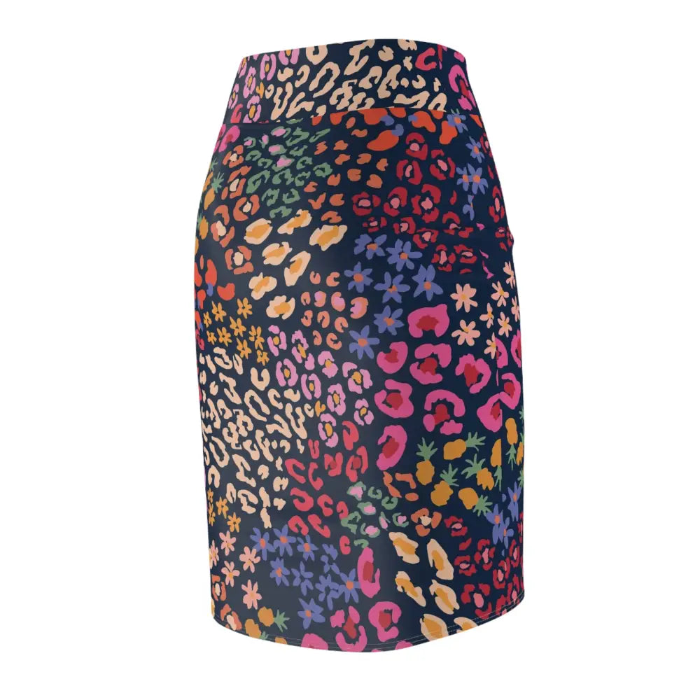 Colorful patterned pencil skirt with vibrant floral design from PixiOnyx Statement Apparel