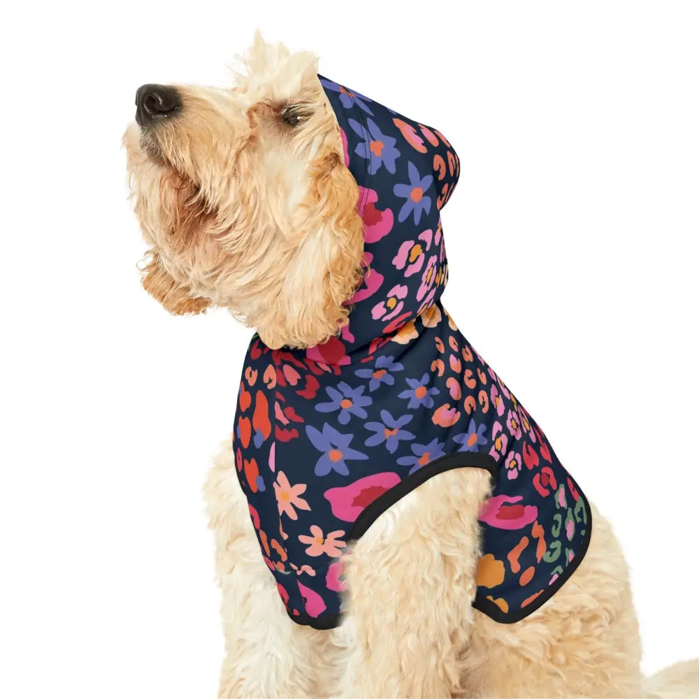 Floral and leopard print dog hoodie from PixiOnyx Bold Petwear with colorful pattern