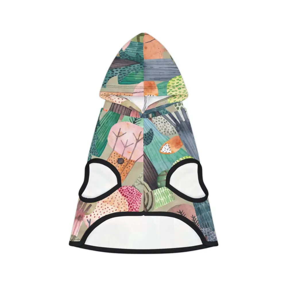 Colorful patterned dog hoodie from PixiOnyx Bold Petwear featuring woodland camo design