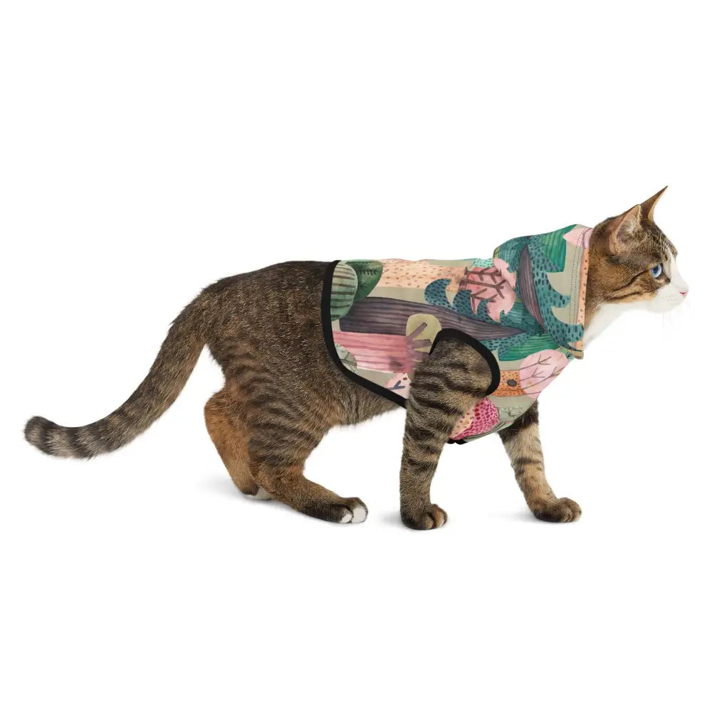 Tabby cat wearing colorful woodland camo pet hoodie from PixiOnyx Bold Petwear