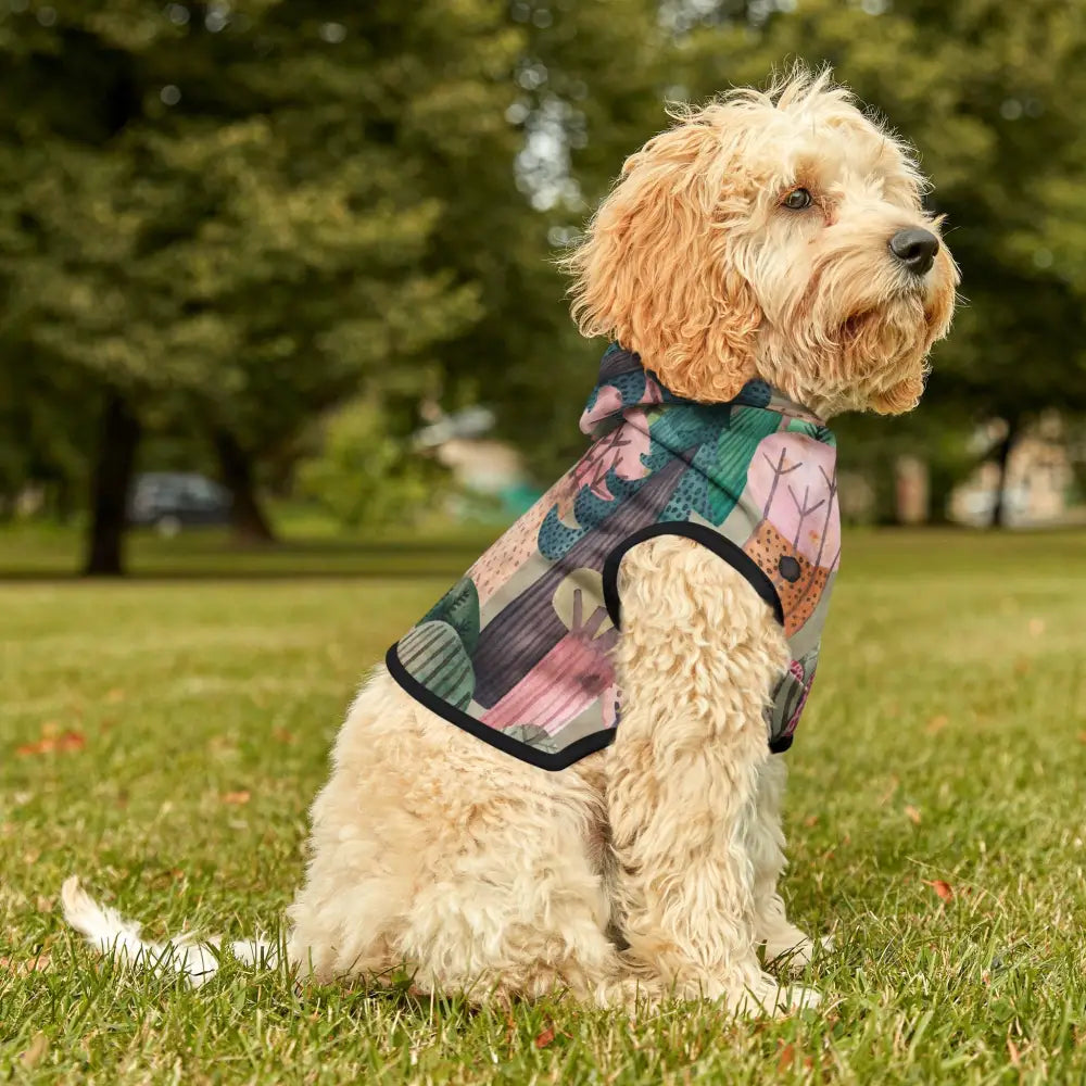 Dog in colorful woodland camo hoodie from PixiOnyx Bold Petwear