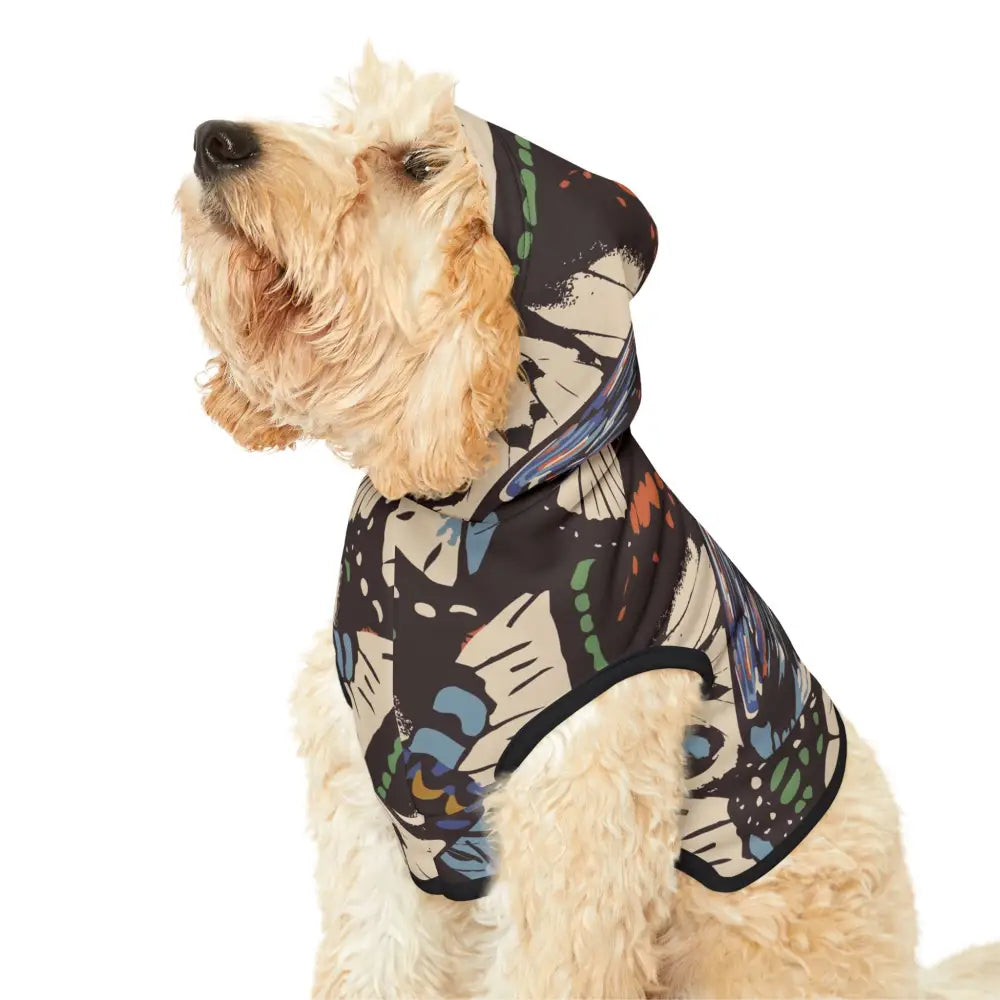 Dog wearing a butterfly-patterned hoodie from Pet Hoodie – Fluttercore by PixiOnyx Surreal Woodlandwear