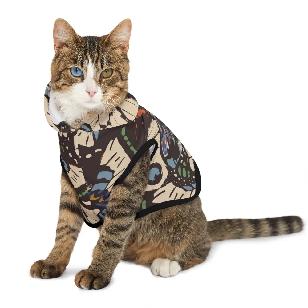 Tabby cat wearing a patterned hoodie from PixiOnyx Surreal Woodlandwear Pet Hoodie collection