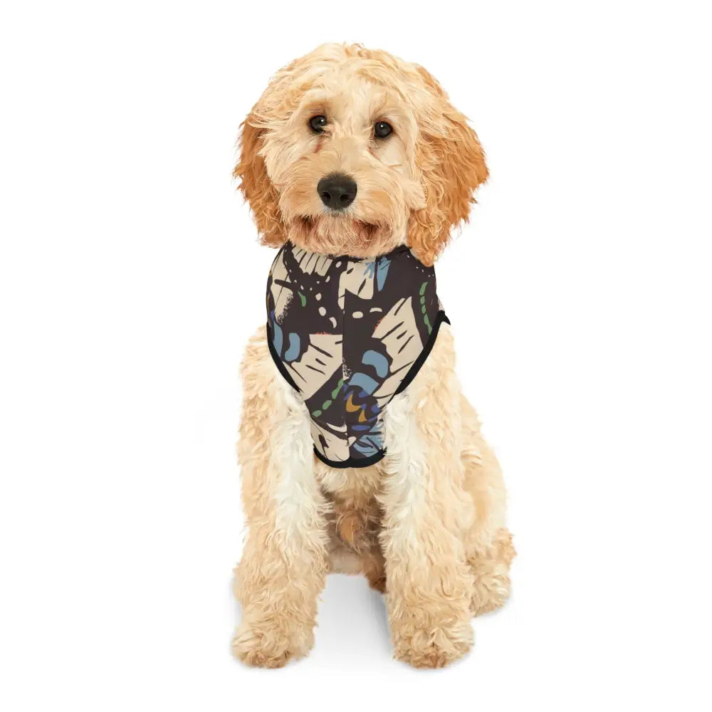 Tan dog wearing a patterned harness from PixiOnyx Surreal Woodlandwear Pet Hoodie Fluttercore