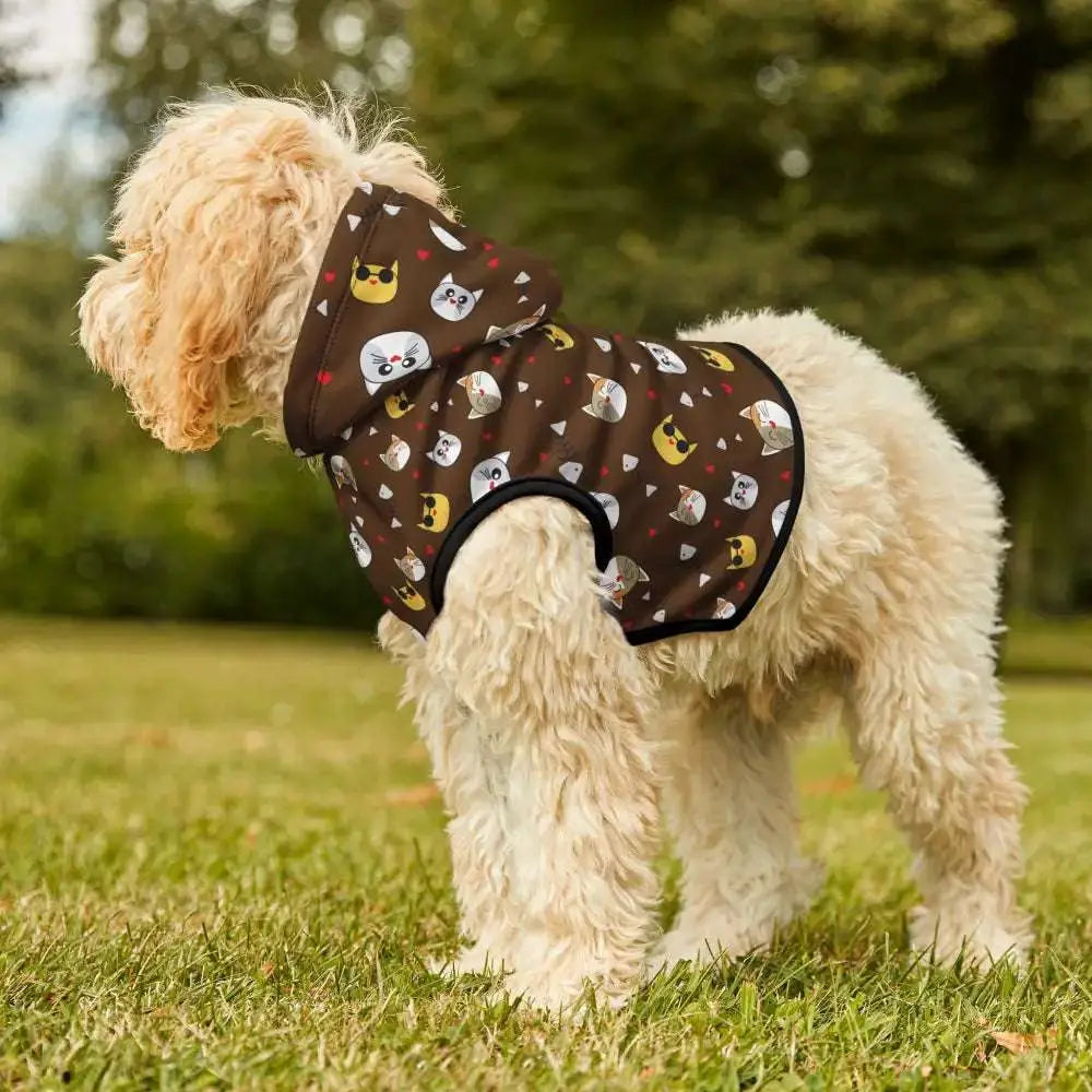 Brown pet hoodie with cat face pattern and hearts, perfect furry companion warm dogs full-body wrap