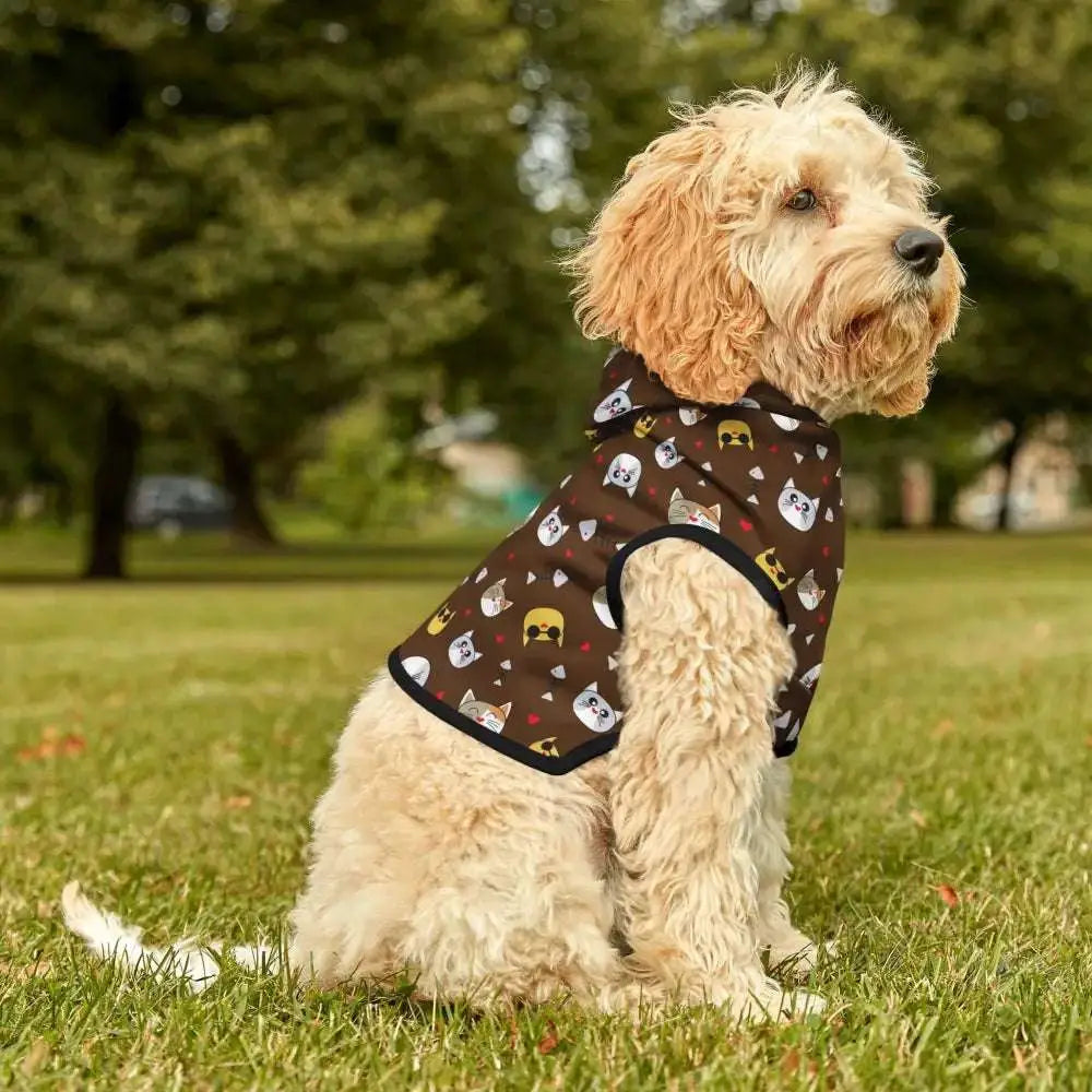 Fluffy light brown dog wearing a dark brown patterned pet hoodie, perfect for furry companion warm