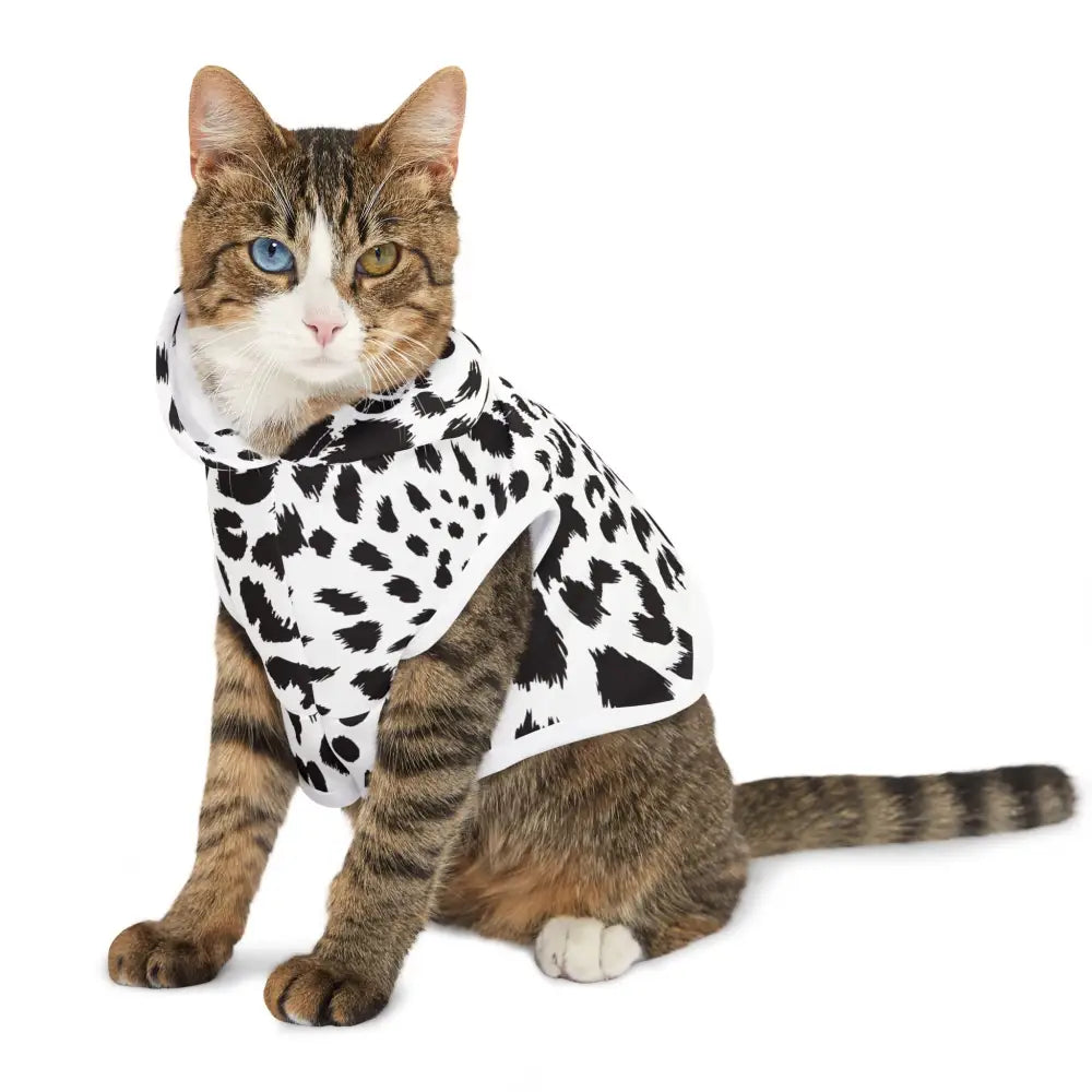 Tabby cat wearing White Leopard Print Pet Hoodie from PixiOnyx Wildwear Edition
