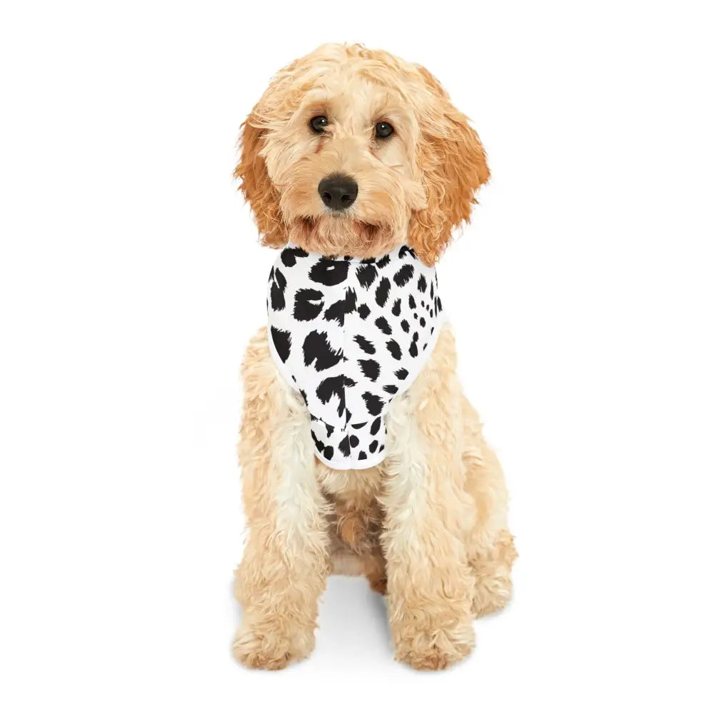 Golden Doodle wearing a black and white leopard print bandana from Pet Hoodie PixiOnyx Wildwear Edition