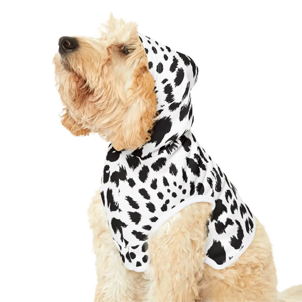 Dog wearing a Dalmatian-print hoodie from PixiOnyx Wildwear Edition Pet Hoodie White Leopard Print
