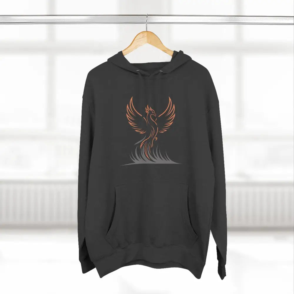 Black hoodie with orange and gray phoenix design, cozy fleece, machine washable at max 30c