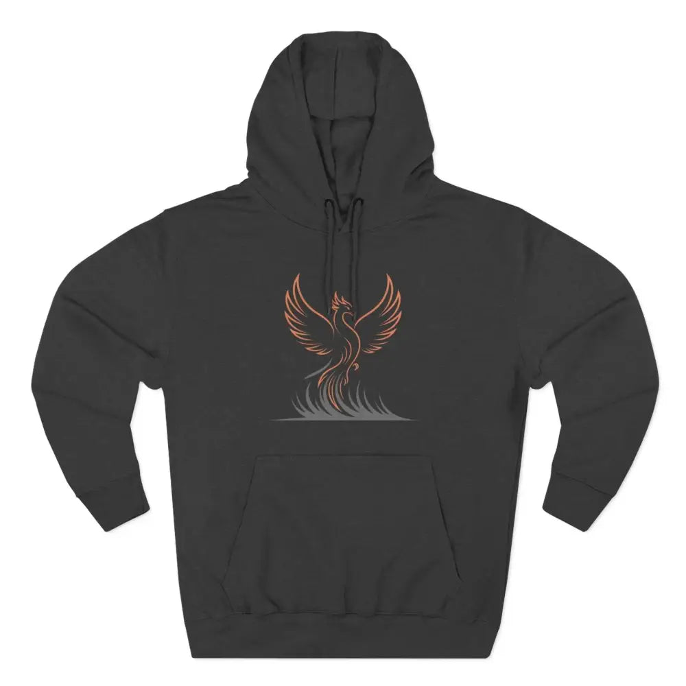 Dark gray Phoenix Rise Fleece Hoodie with stylized phoenix design, machine washable at max 30c