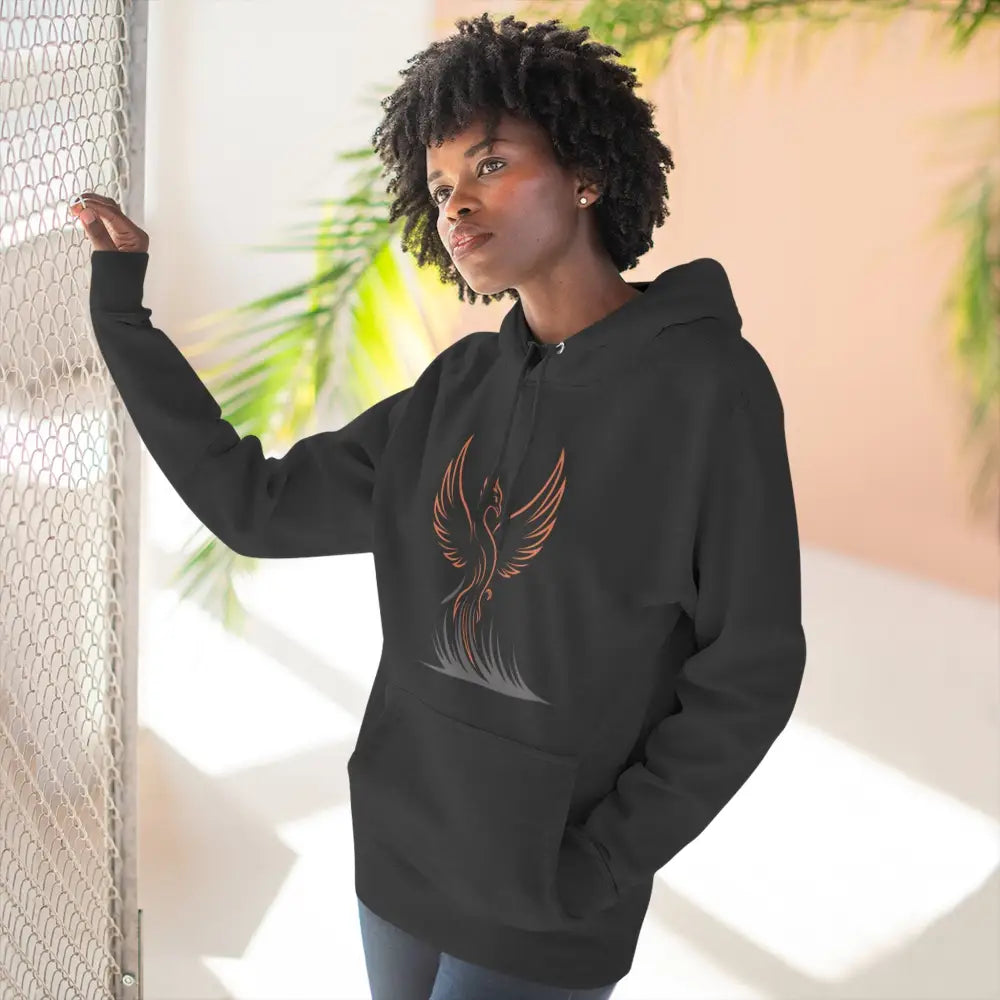 Dark grey Phoenix Rise Fleece hoodie with orange graphic, machine wash max 30c, cozy casual wear