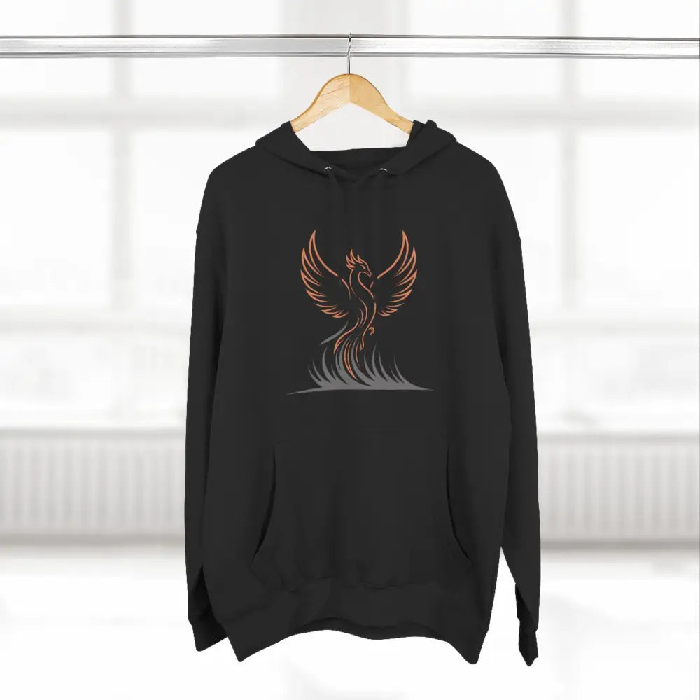 Black hoodie with orange and grey phoenix design, machine washable at max 30C, cozy casual wear