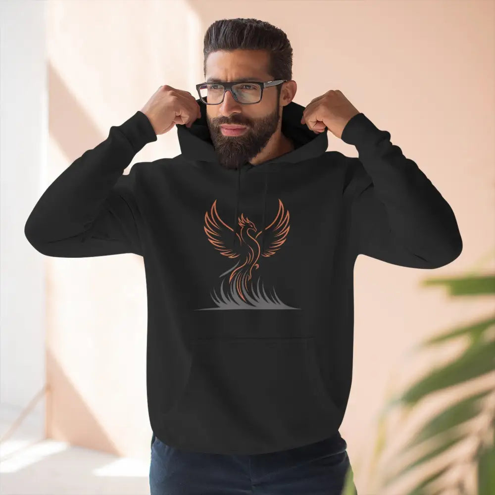 Men’s black hoodie with phoenix graphic, cozy unisex fleece, machine wash max 30c