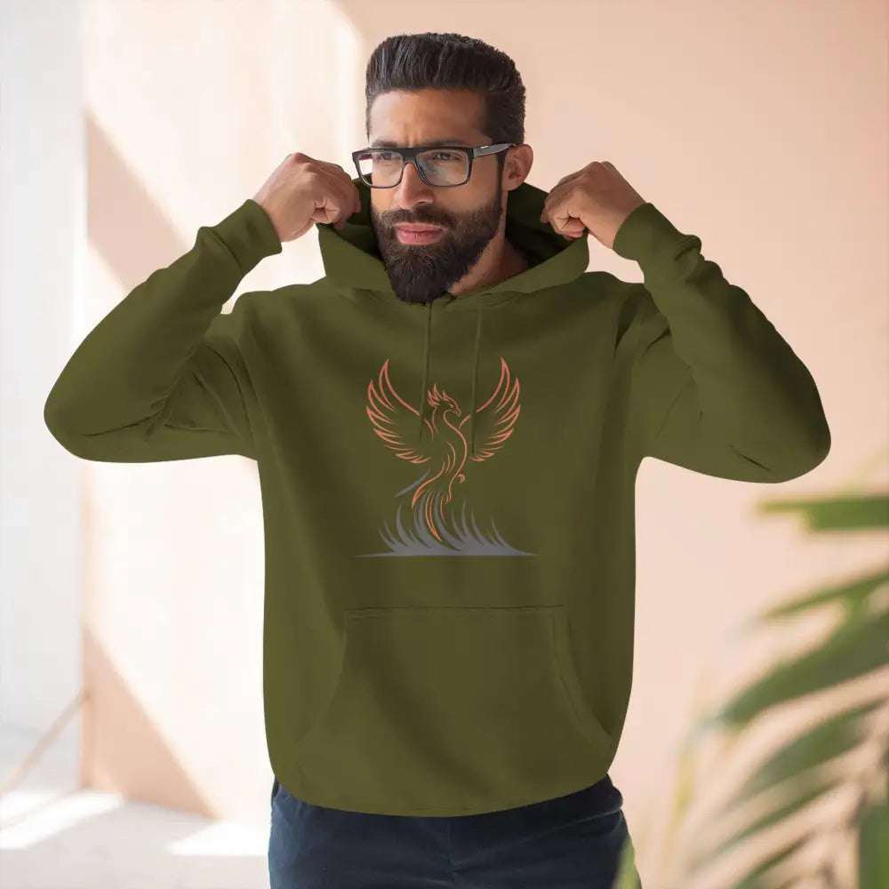 Men’s olive green hoodie with orange phoenix graphic, machine washable at max 30°C