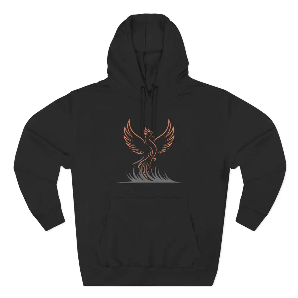 Black hoodie with phoenix graphic, cozy unisex fleece, machine wash max 30c, low heat safe
