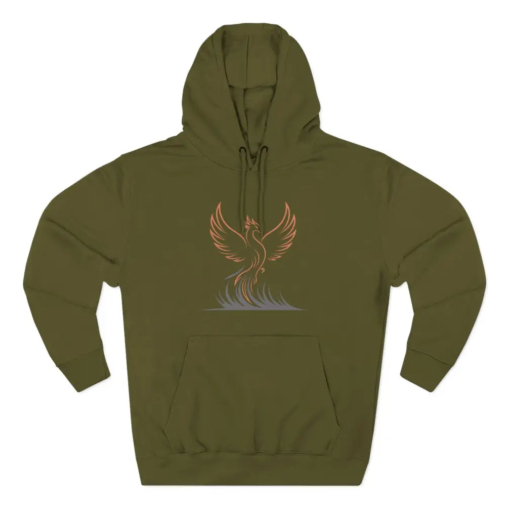 Olive green Phoenix Rise fleece hoodie with phoenix graphic, machine washable at max 30c