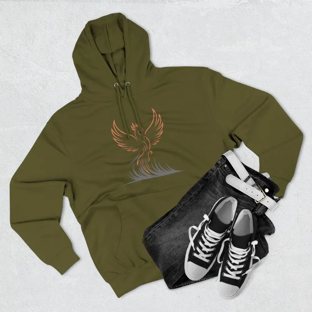 Olive green Phoenix Rise fleece hoodie with phoenix design, machine washable at max 30c