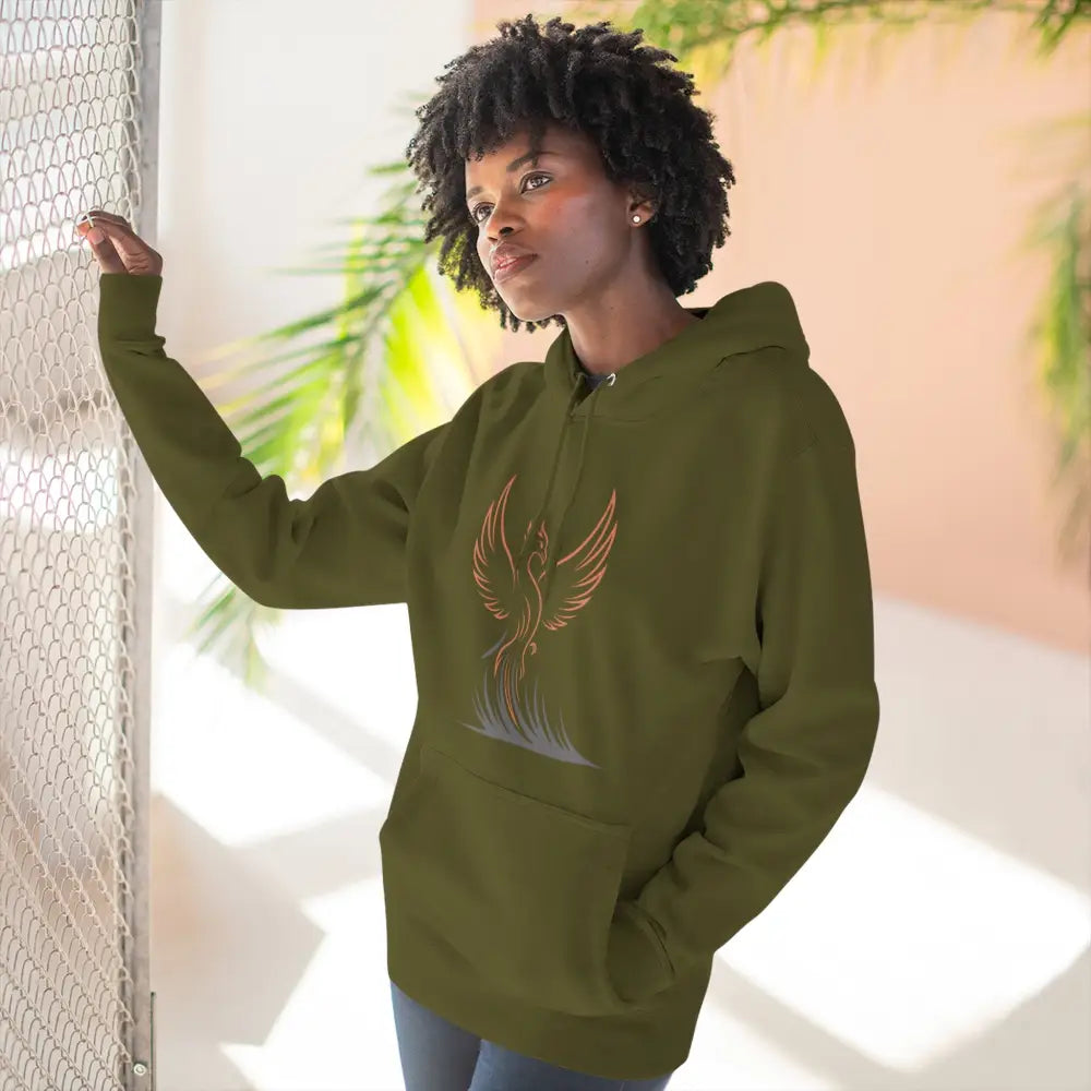 Olive green Phoenix Rise fleece hoodie with phoenix design, machine wash cold, cozy casual wear
