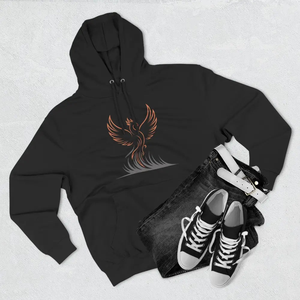 Black hooded sweatshirt with phoenix design, cozy graphic hoodie, machine washable at max 30c