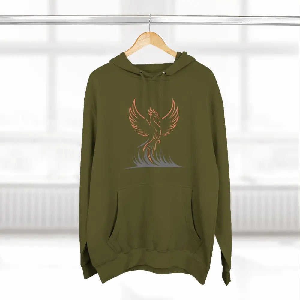 Olive green Phoenix Rise fleece hoodie with phoenix design, machine washable at max 30C
