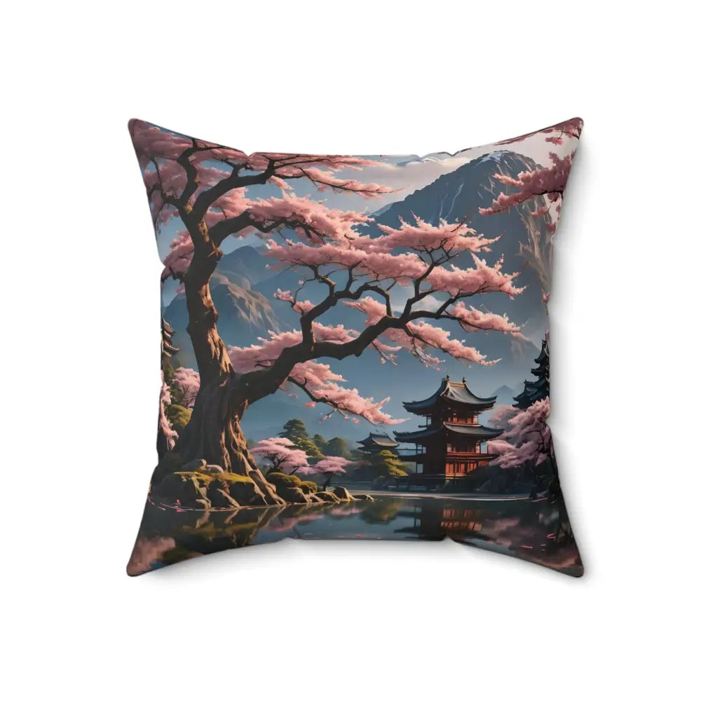 Square pillow with Japanese temple and blossom landscape print for Zen garden decor