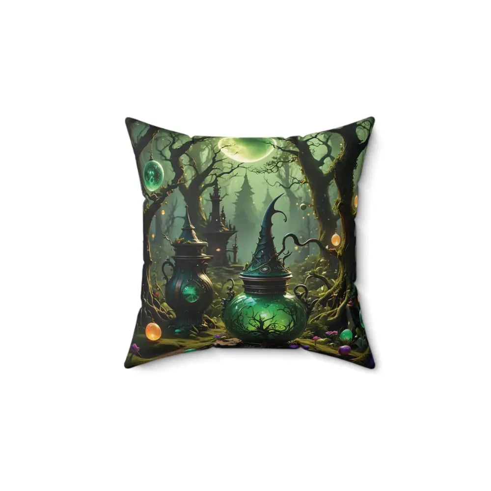 Square pillow with a magical forest scene from PixiOnyx Enchanted Brew Cushion collection