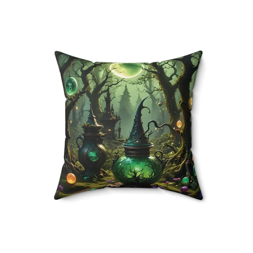 Square throw pillow featuring a witchy forest scene from PixiOnyx Enchanted Brew Cushion