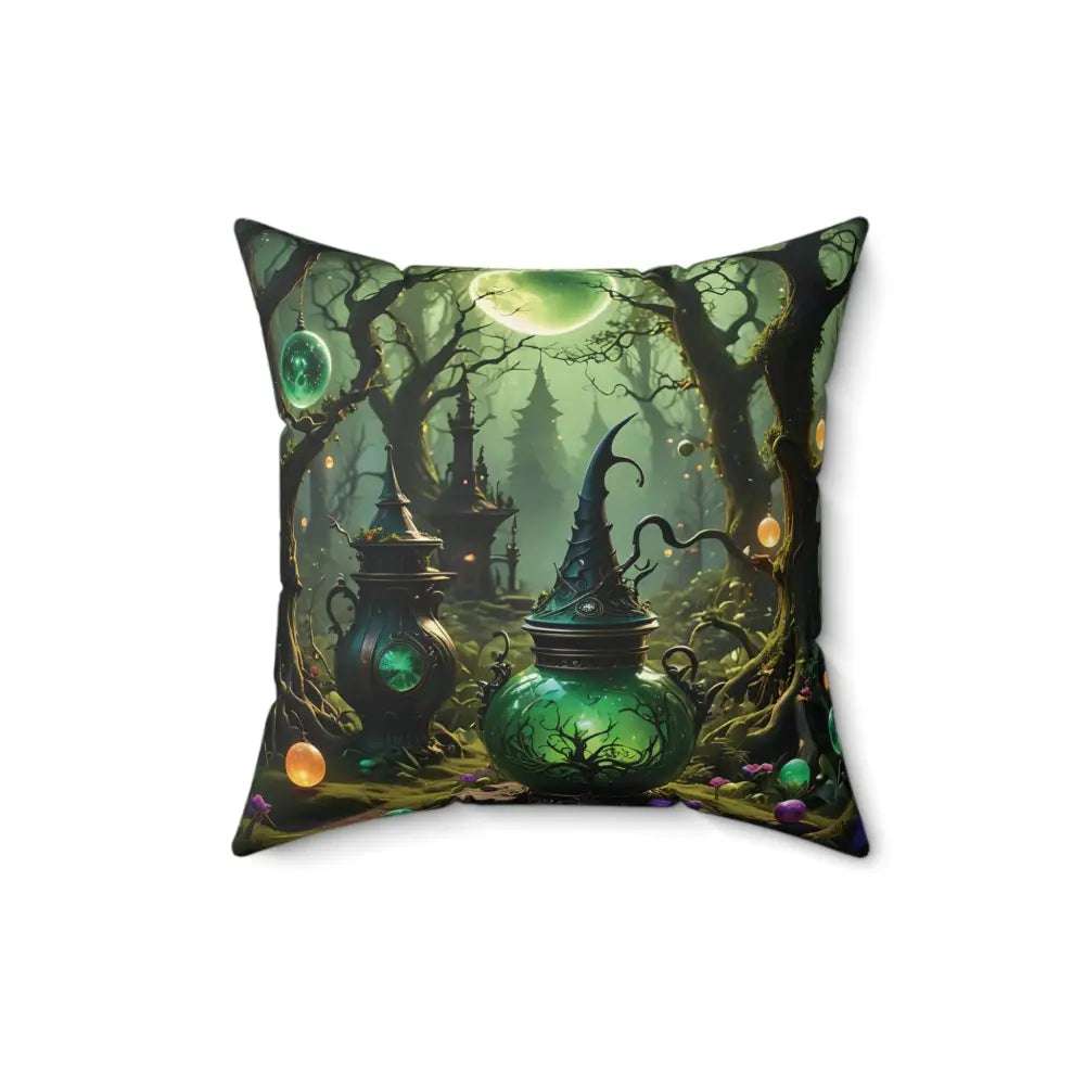 Square throw pillow featuring a magical forest scene from PixiOnyx Witchcraft Forest Cushion