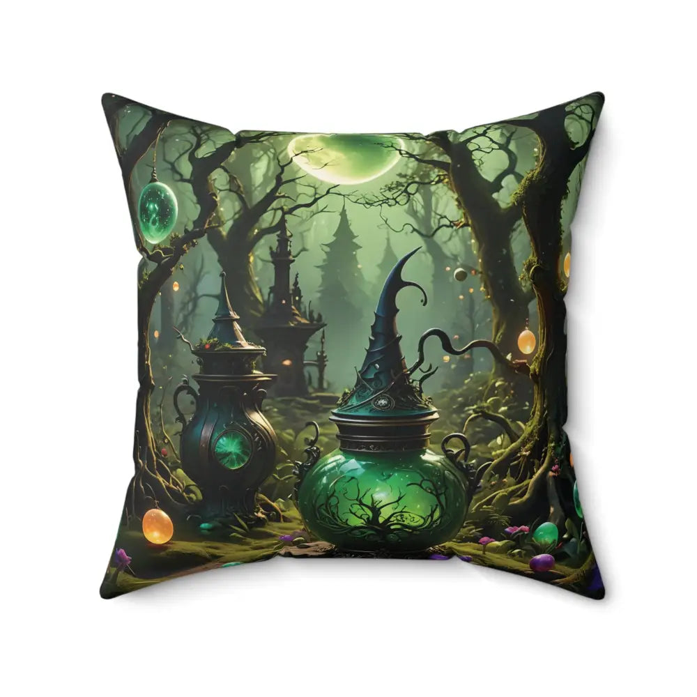 Square pillow with a magical forest scene from PixiOnyx Enchanted Brew Cushion collection