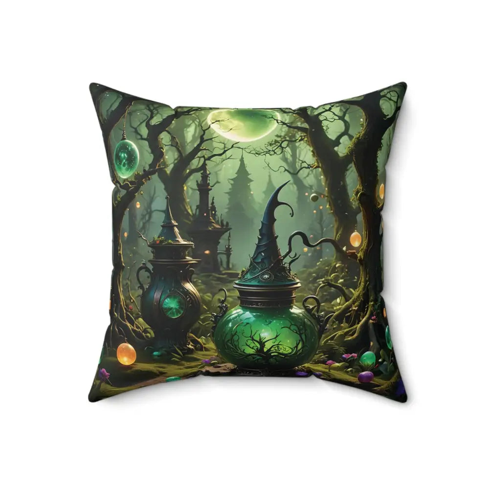 Square pillow featuring a witchy forest scene from PixiOnyx Enchanted Brew Cushion collection